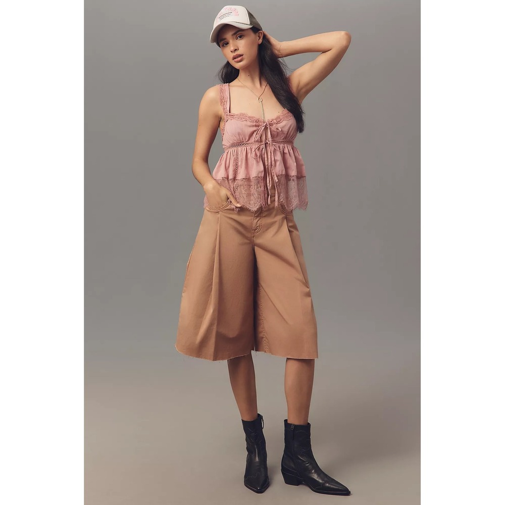 Pilcro Anthropologie Linen Blend Pleated Wide Leg Culotte Pants Tan 30 NEW - Picture 2 of 9